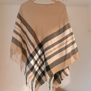 Nude beige plaid poncho shoulder wrap scarf sweater